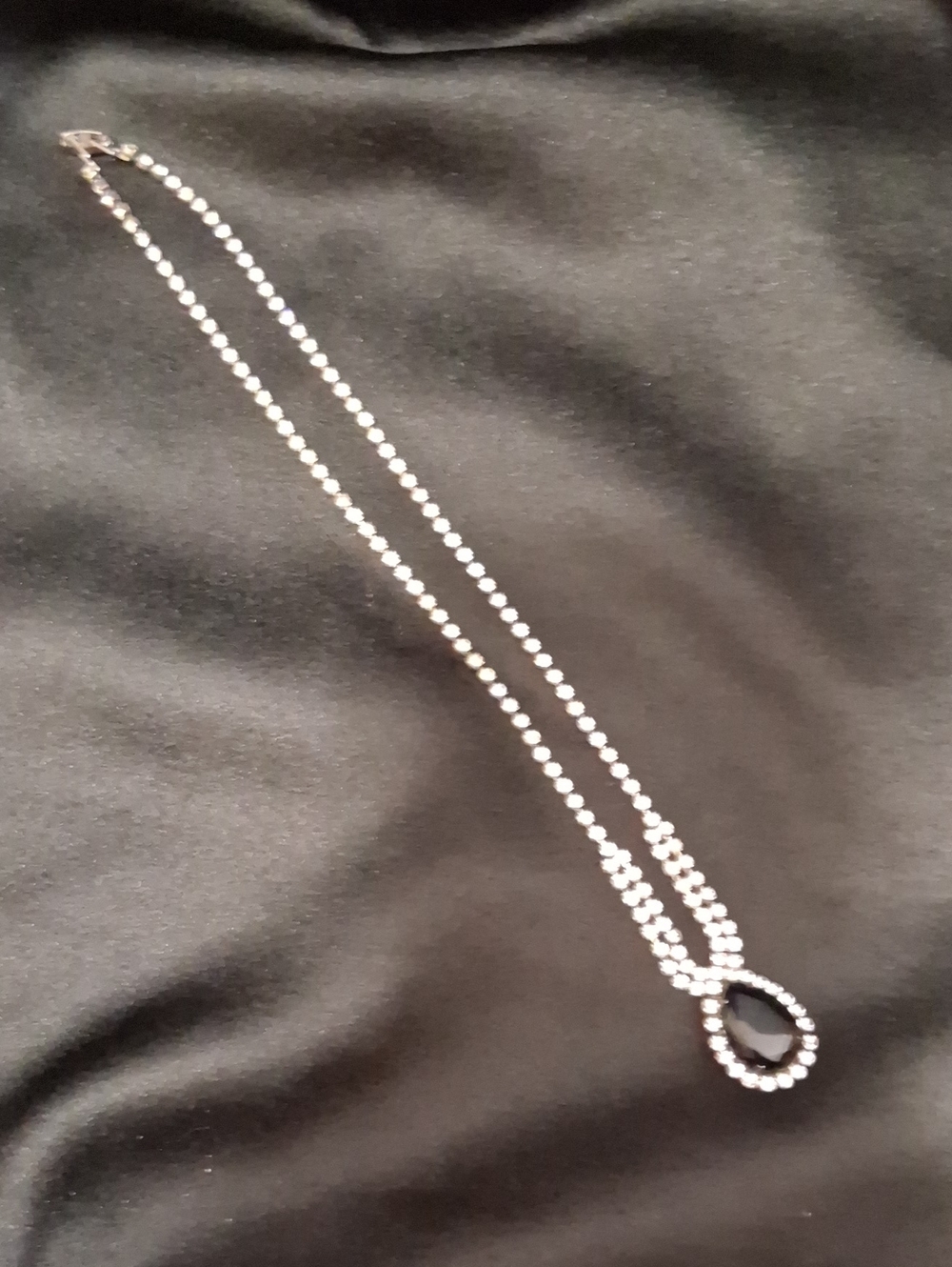 Silver Rhinestone Necklace with Black Teardrop Pendant - 16 Inch